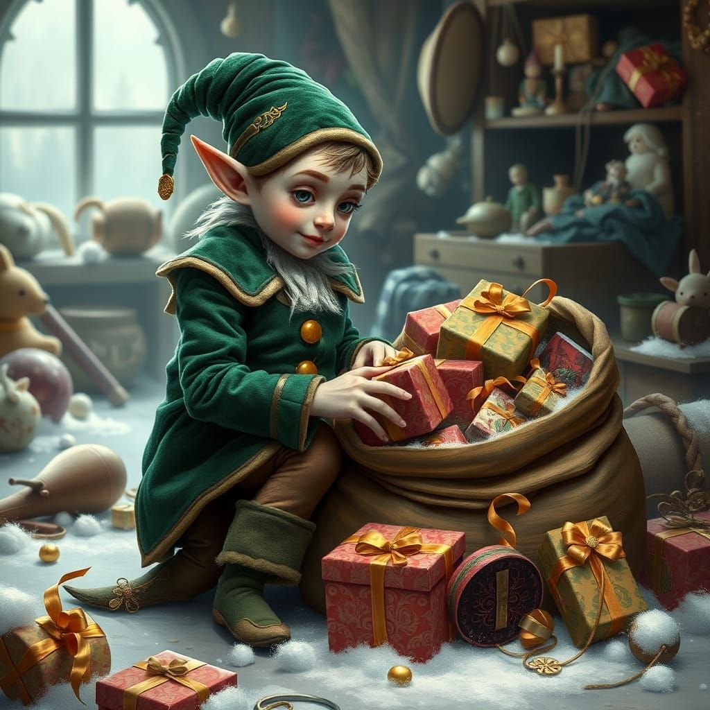 Visualize a whimsical elf with pointy shoes and a sack full ...