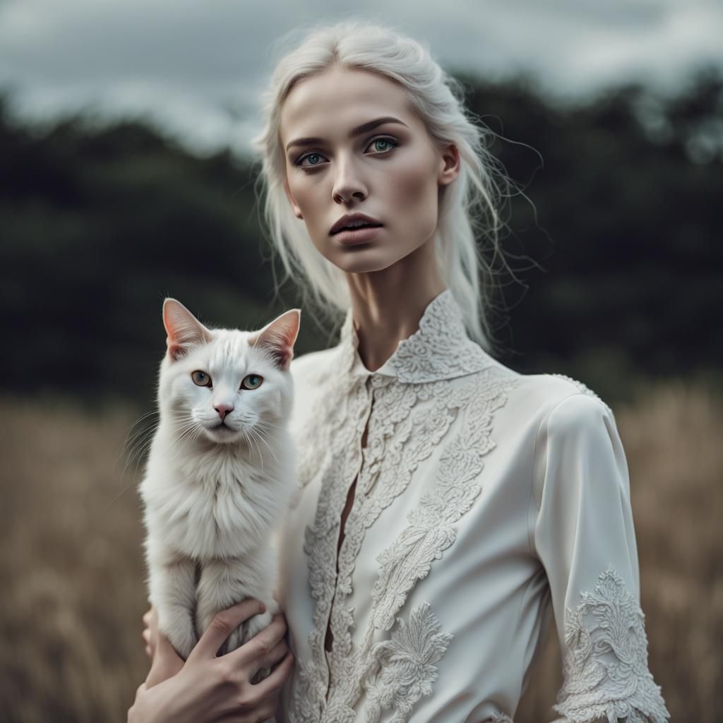 Woman holding white cat