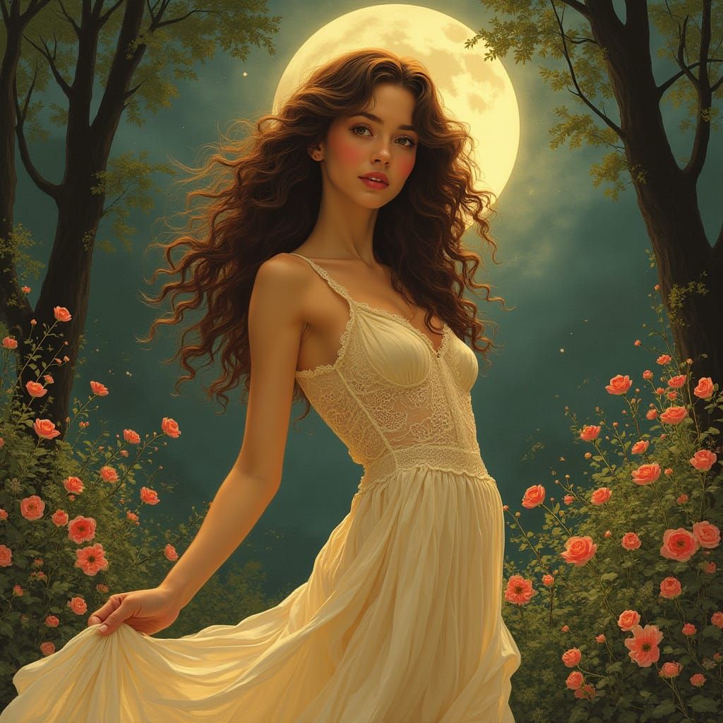 Lady in a Serene, Moonlit Garden