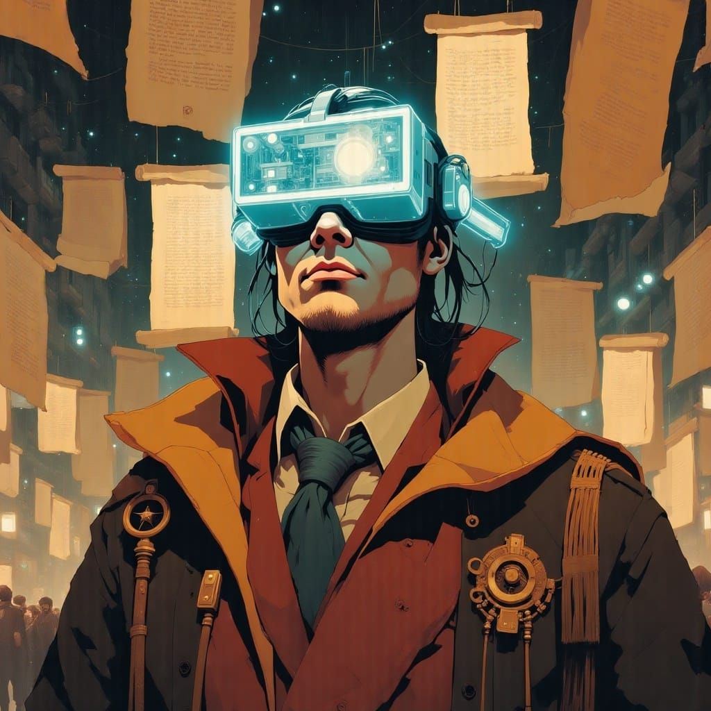 Scholar in Cyberpunk Style with AR Glasses and Holograms