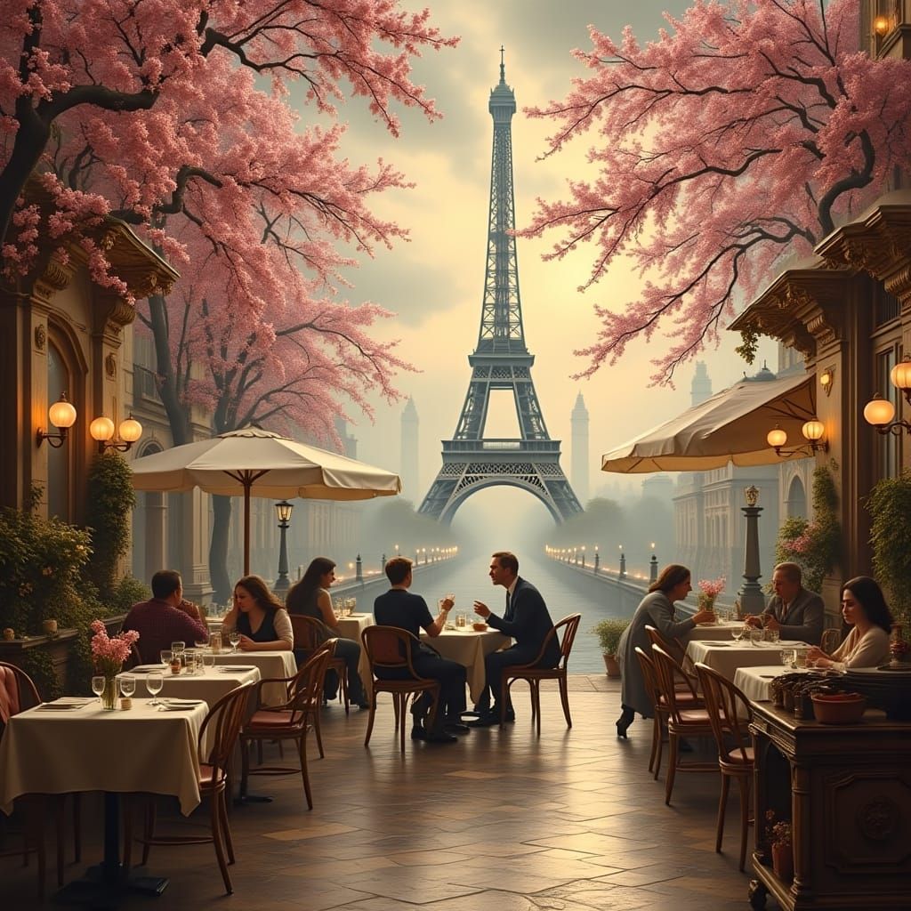 Romantic Parisian Cafe Mural in Morning Mist