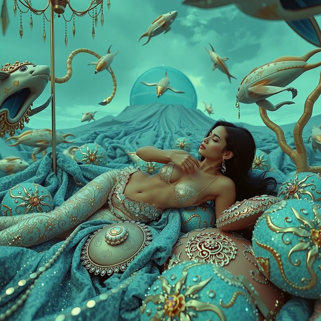 Opulent Woman in Surreal Psychedelic Dreamscape