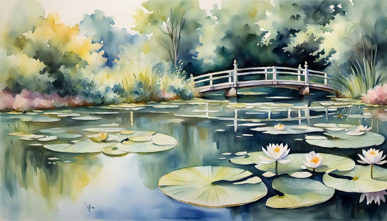 Impressionistic Water Lilies Pond Scene