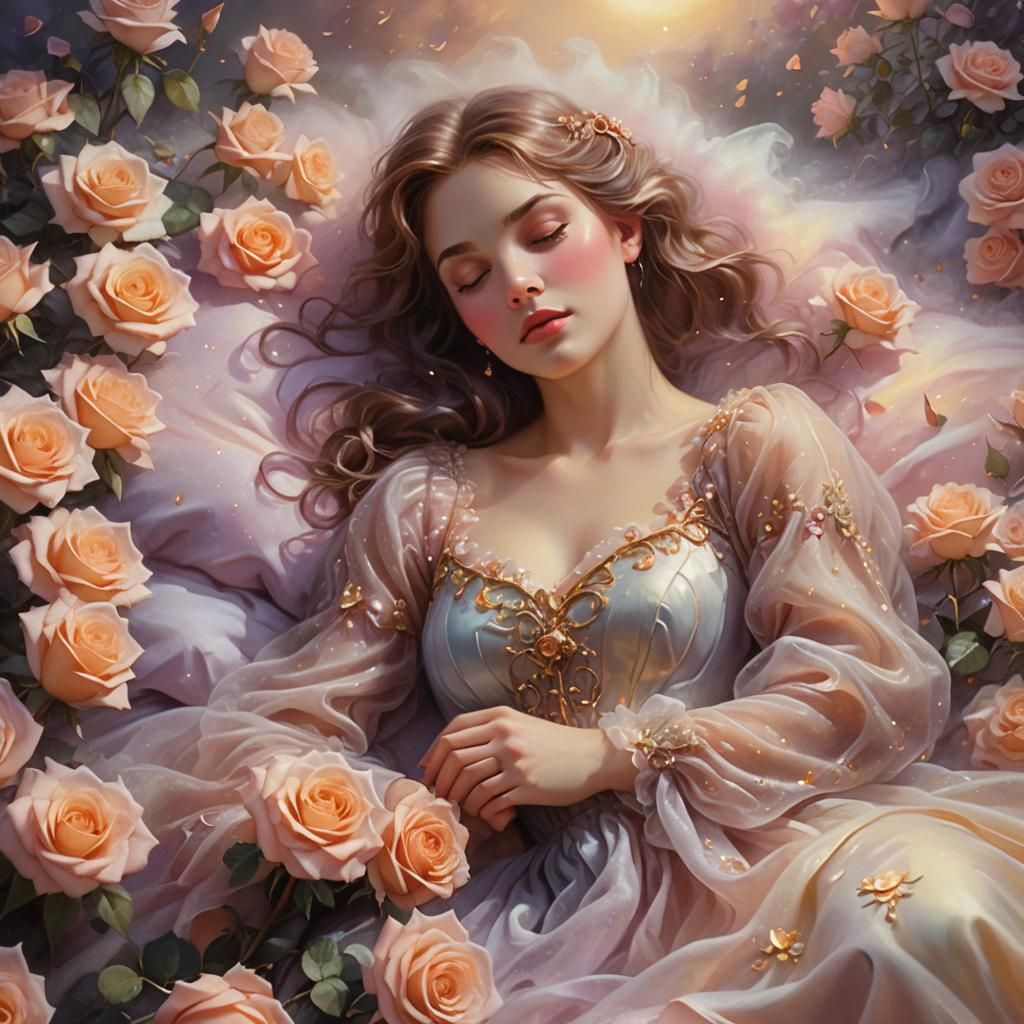 Ethereal Woman on Rose Bed in Soft Light