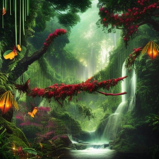 Moonlit Jungle Waterfall with Red Orchids