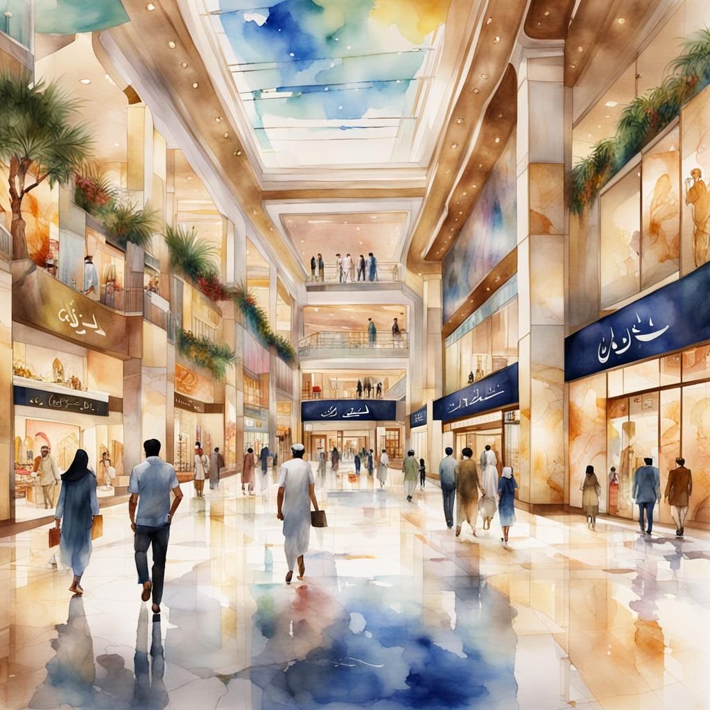 Dubai Mall Shopping Scene in Watercolor Style