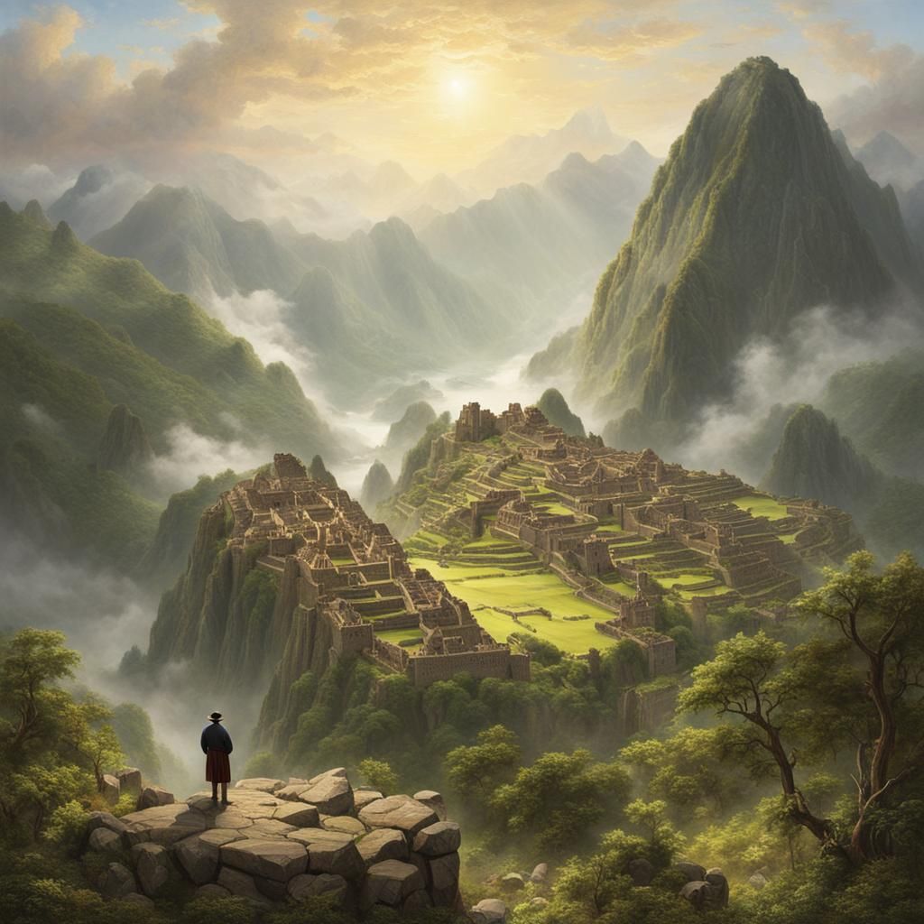 Machu Picchu Ruins in Golden Light, Luminist Painting