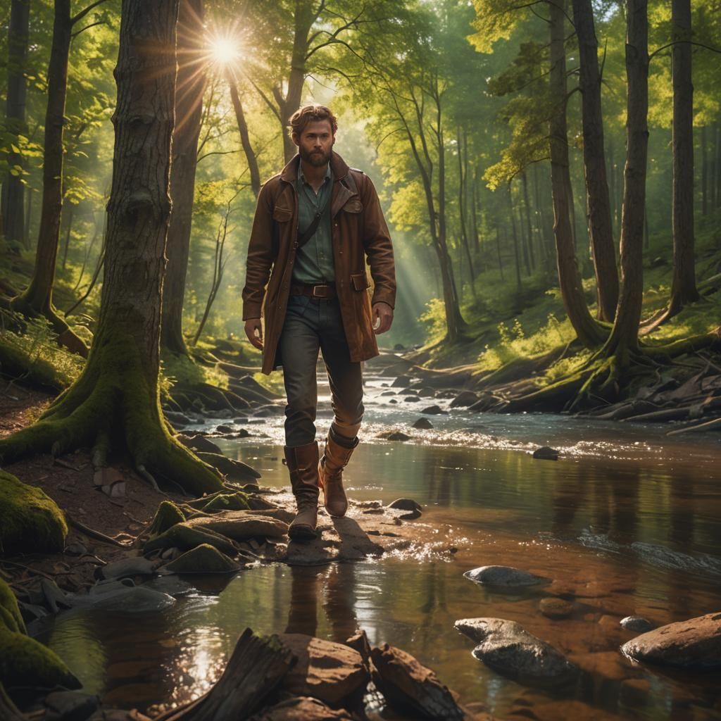 Man in Forest, Hyperrealistic Digital Art Landscape