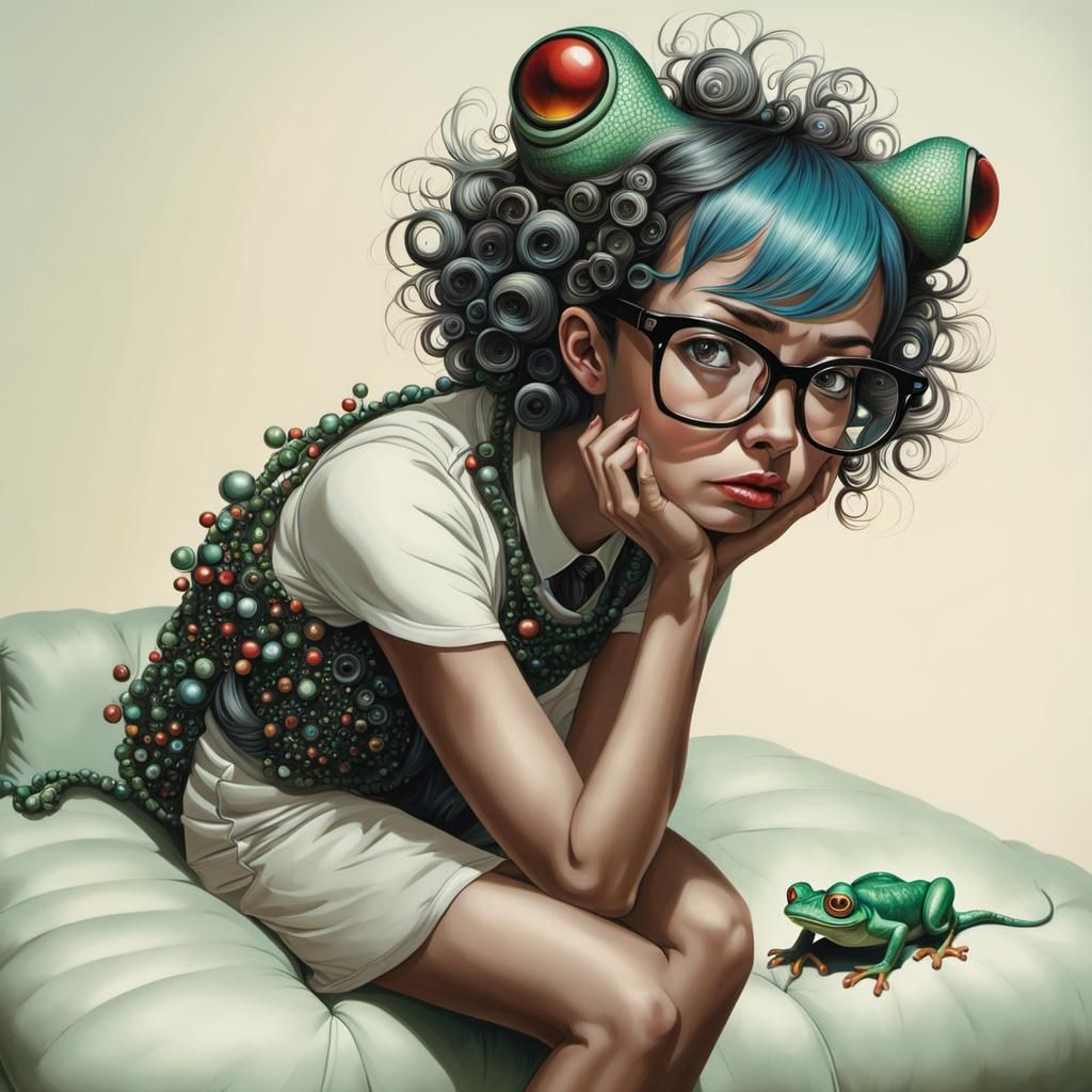 Sad Woman with Frog: Surreal Hyperdetailed Portrait