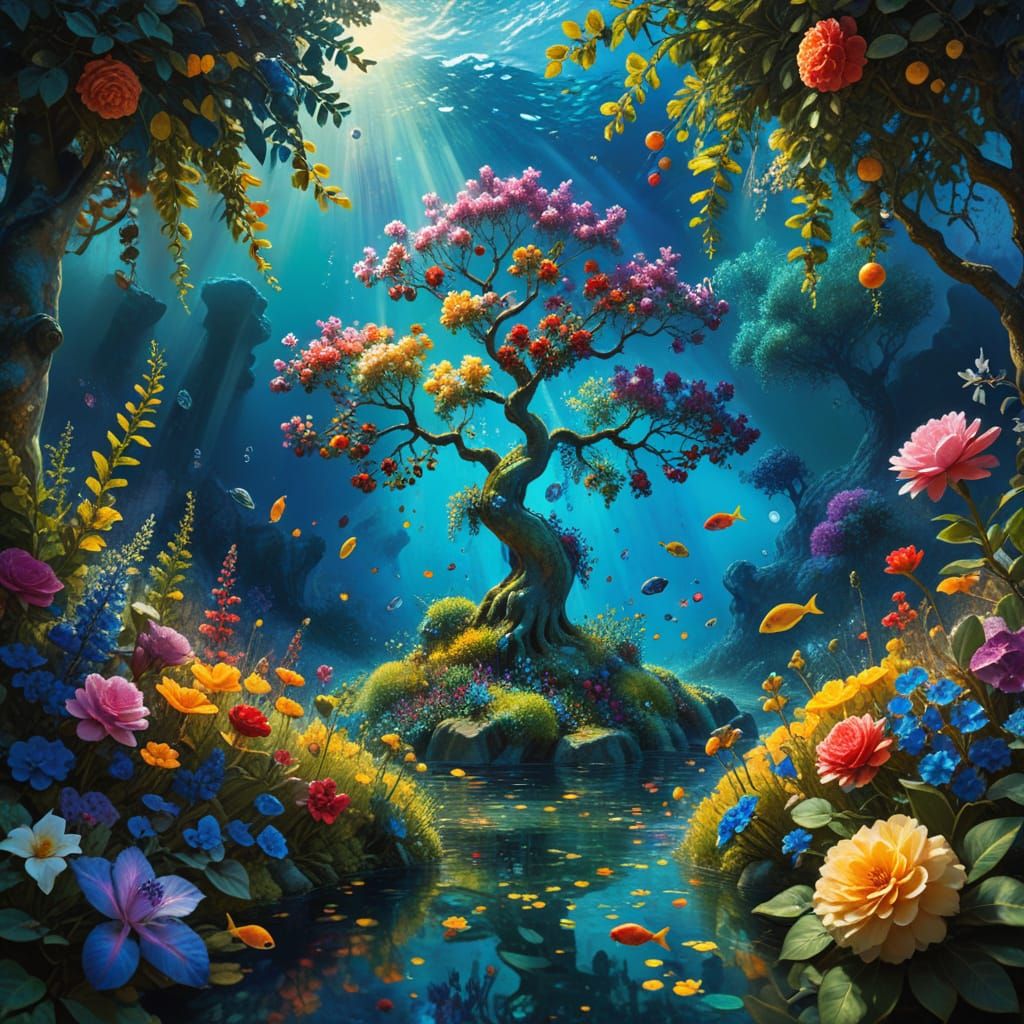 Vibrant Underwater Fruit Tree in a Utopian Land