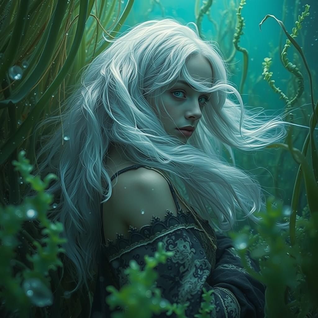 Mystical Ukrainian Forest Spirit in Underwater Scene