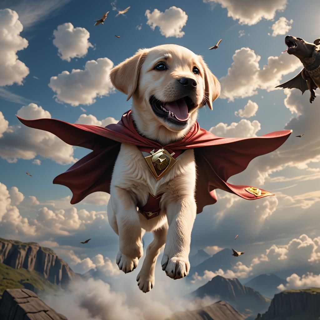 Flying Labrador Puppy in Cape: 3D Game Cinematic