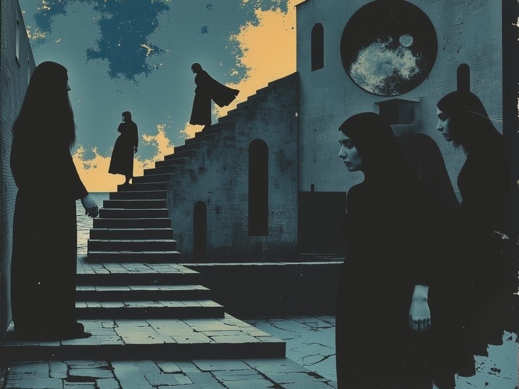 Surreal Stairway Dance: Maxfield Parrish-Inspired Dreamscape