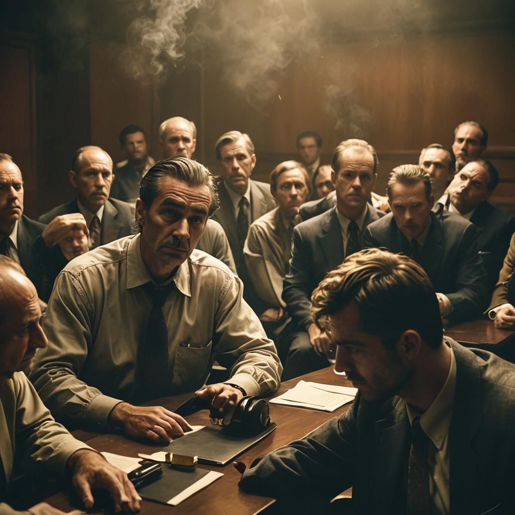 Tense Jury Deliberation in Dramatic Realism Style