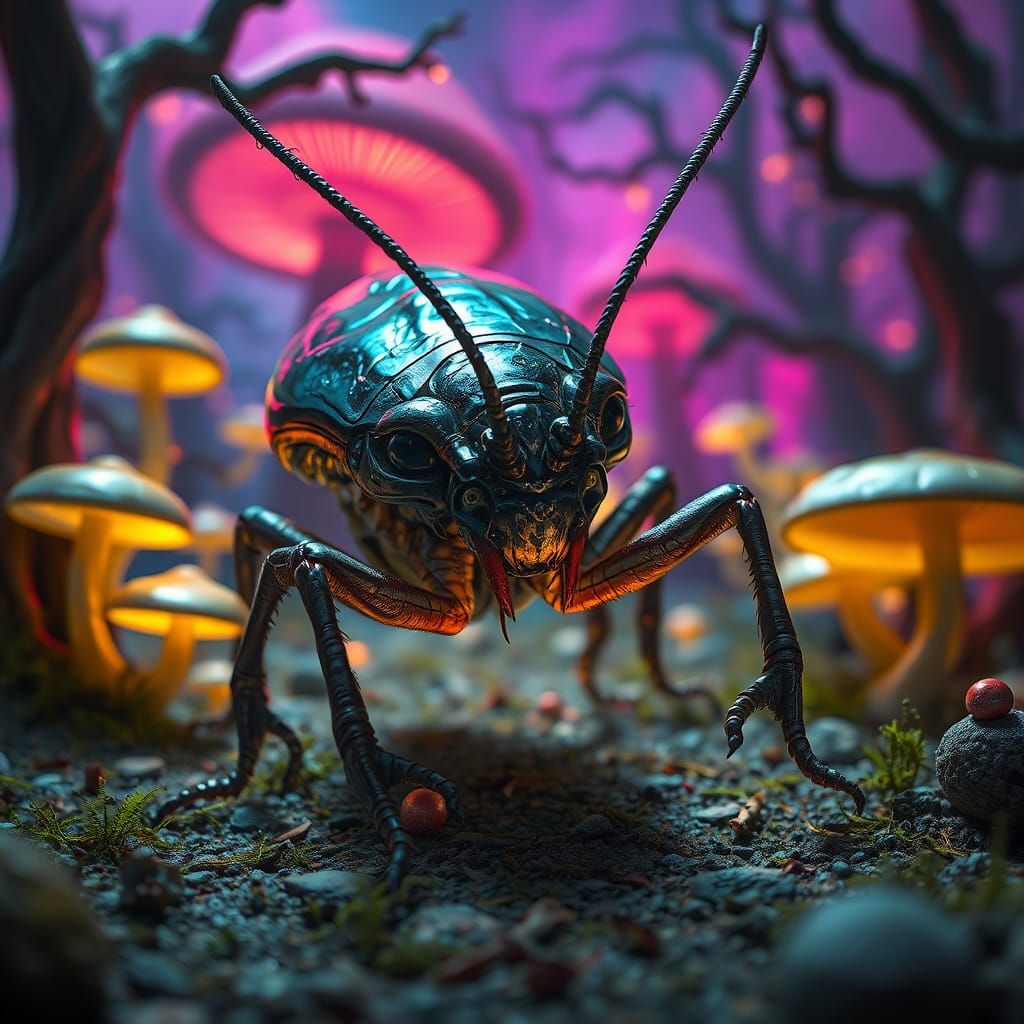 Cockroach Alien in Surreal Bioluminescent Landscape