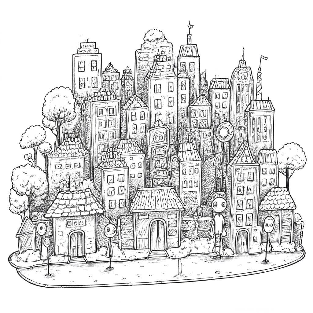 Doodle Sketch of a Cartoon City