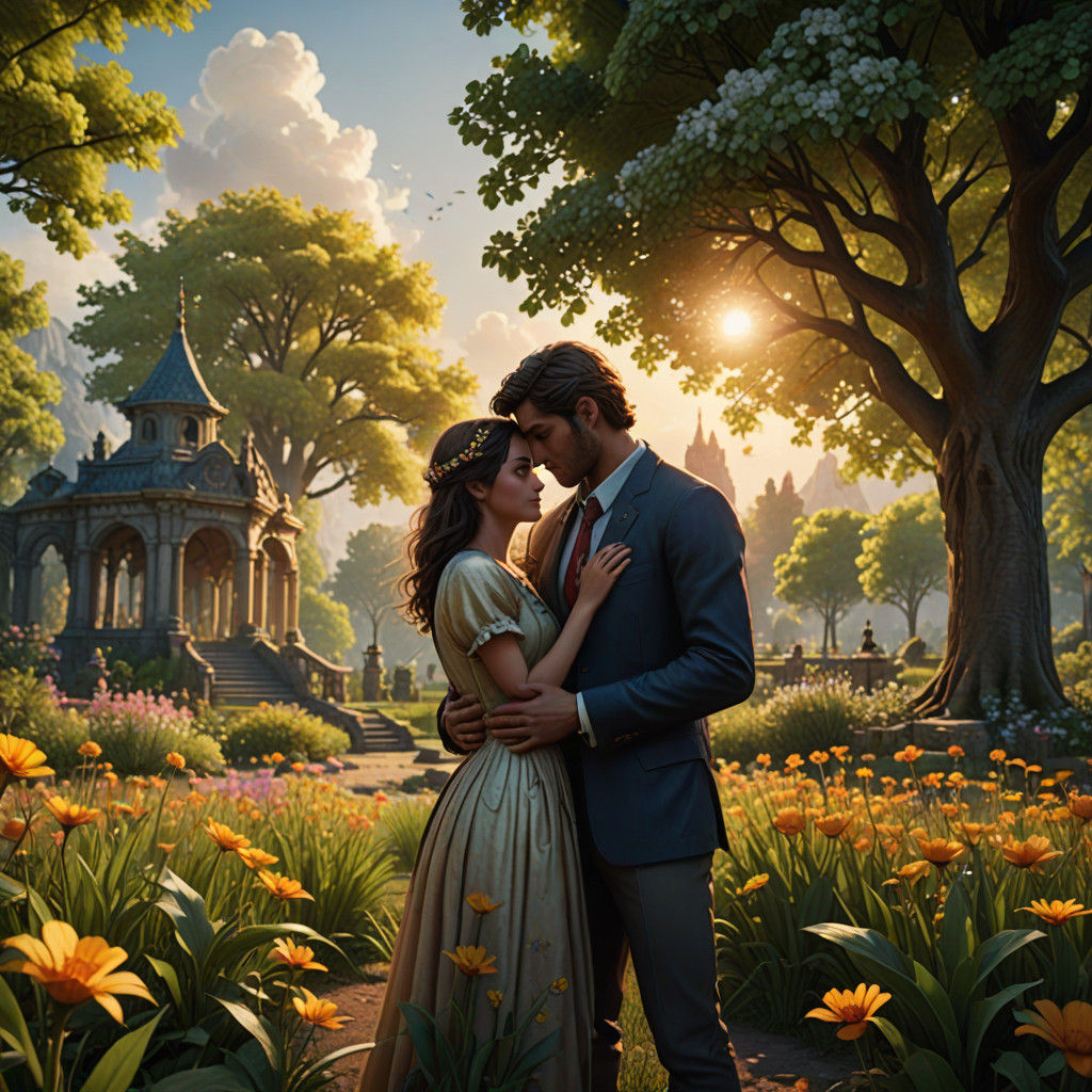 Surreal Cinematic Moment of Love in a Sun-Kissed Park