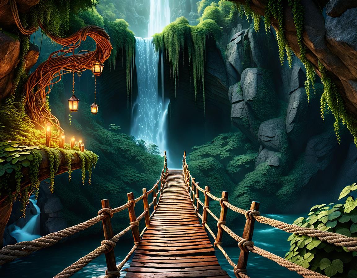 Enchanted Forest: Rope Bridge Crossing Waterfall Canyon