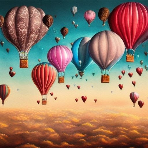 Watercolor Clouds and Hot Air Balloons: Hyperrealistic Digit...