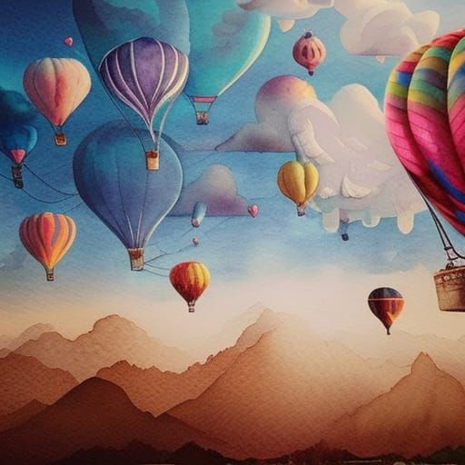 Watercolor Clouds and Balloons in Dreamlike Landscape