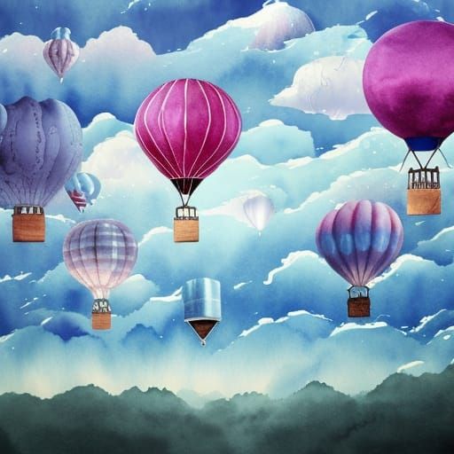 Watercolor Hot Air Balloons in a Dreamlike Sky