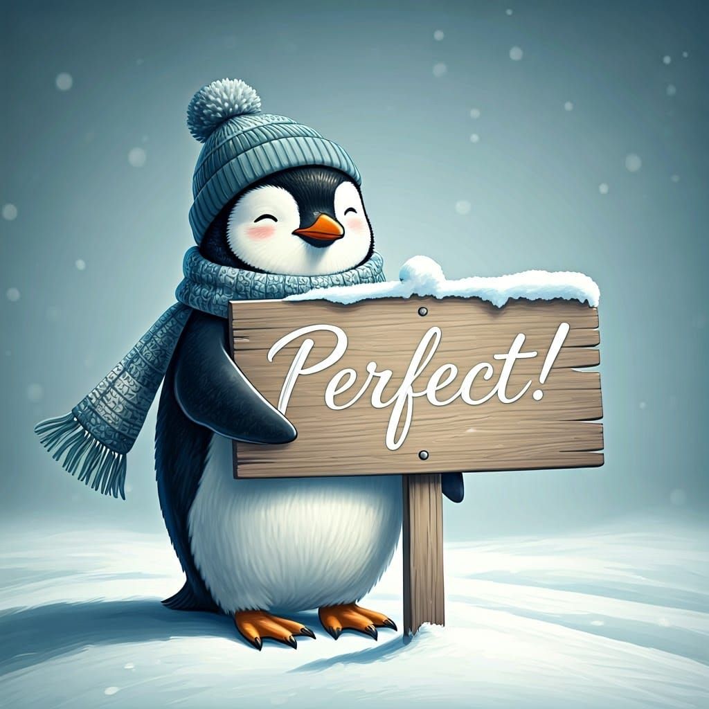 Winter Penguin Embracing Perfect Sign in Snowy Woodland