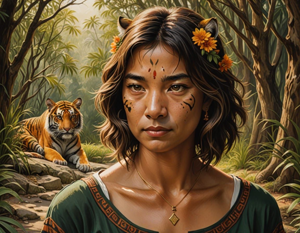 Tiger in a Lush Jungle Scene