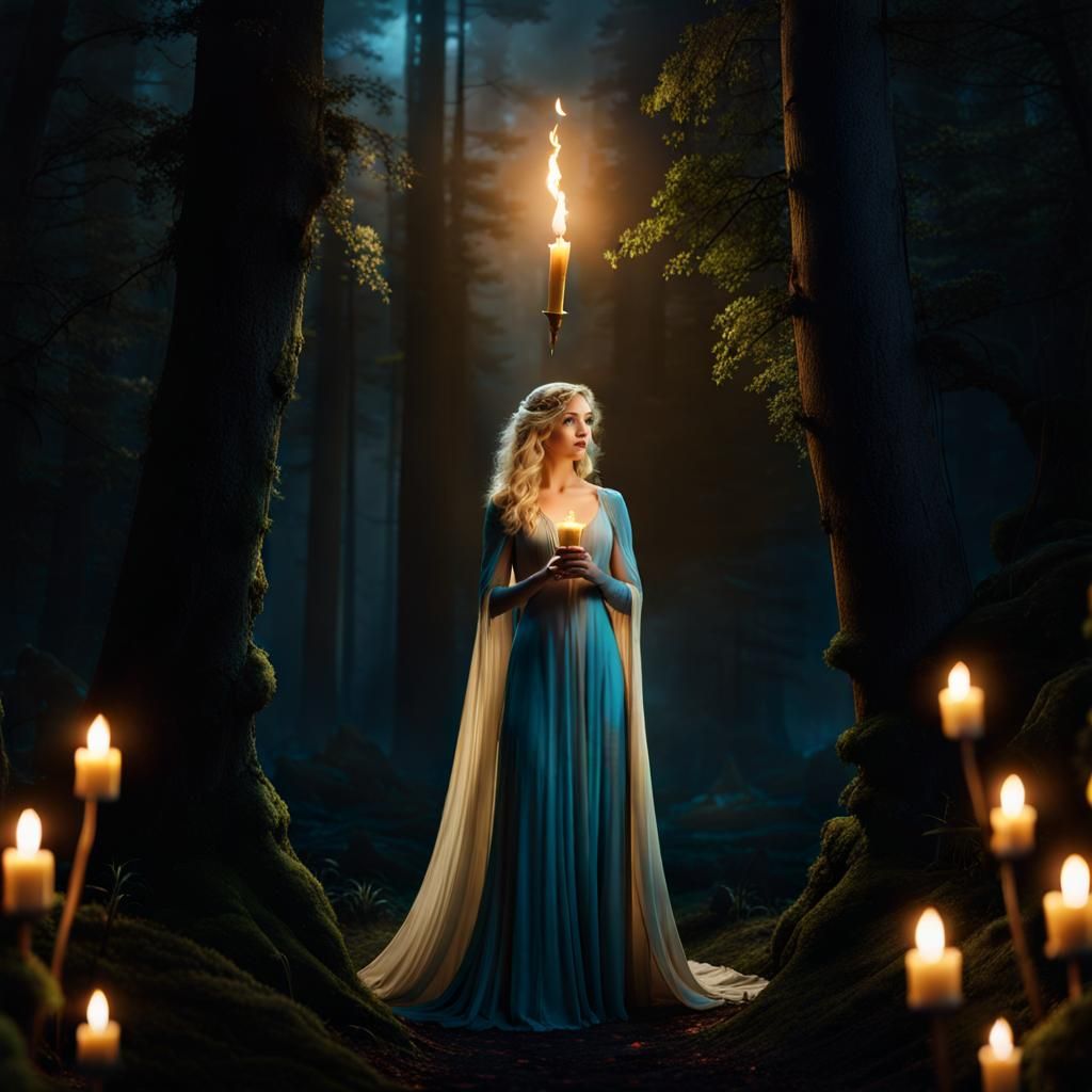 Ethereal Woman with Candle in Forest Clearing