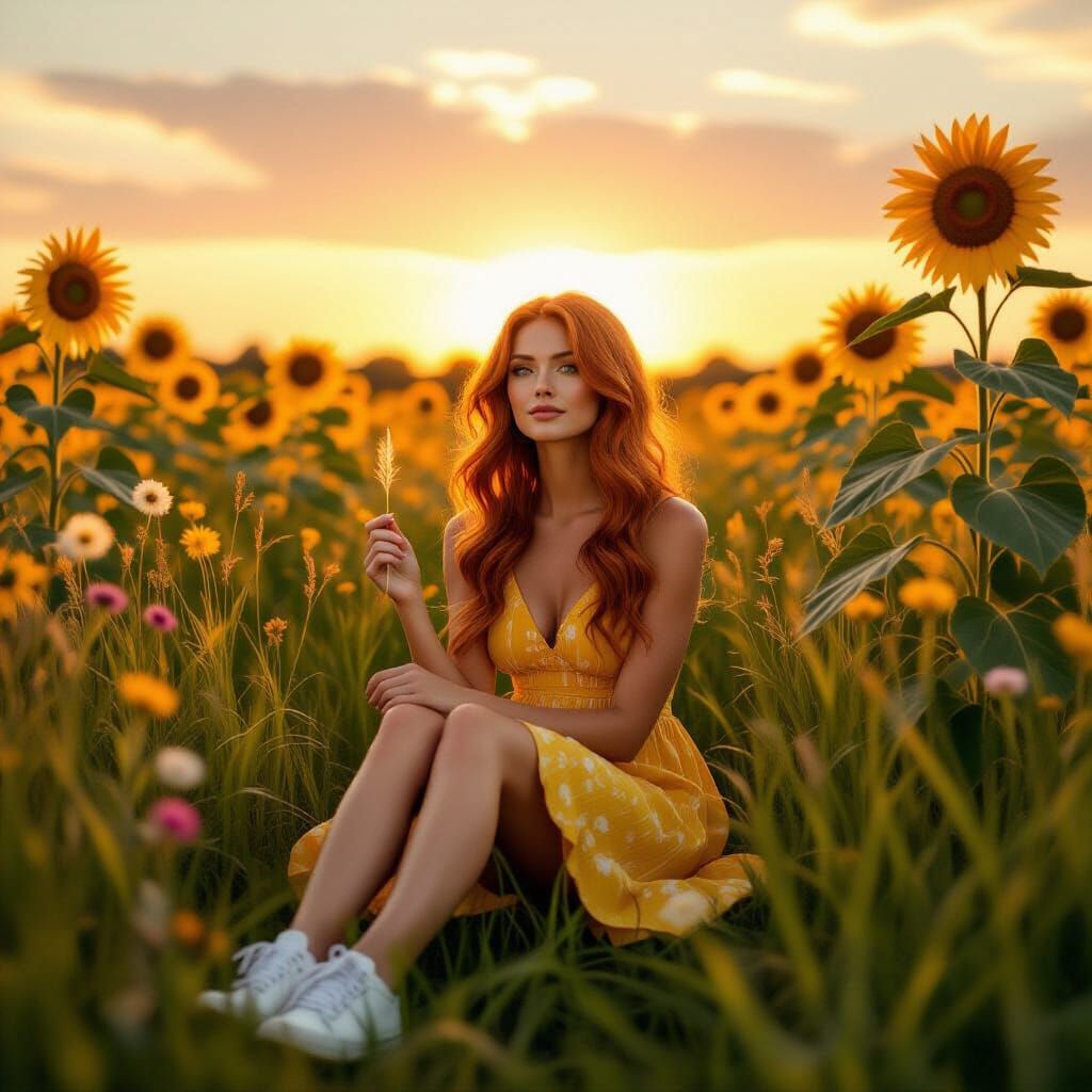 Woman in Meadow at Sunset in Photorealistic Style