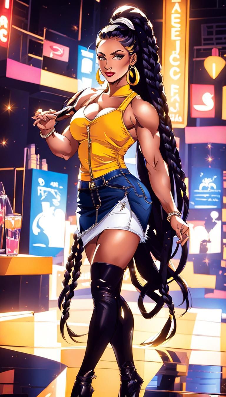 Female Bodybuilder Dancing in Nightclub, Cel-Shaded Style