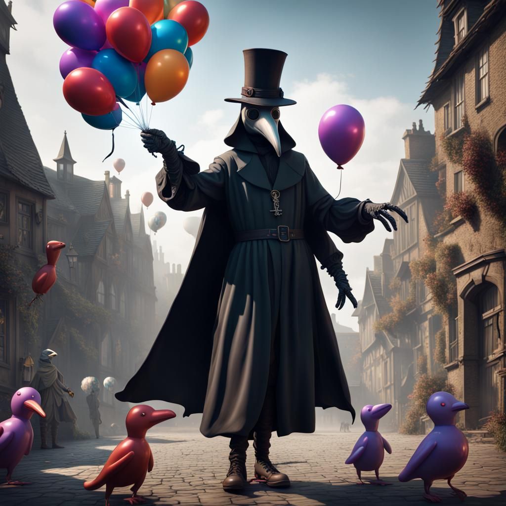 Plague Doctor's Balloon Art, Detailed Digital Painting