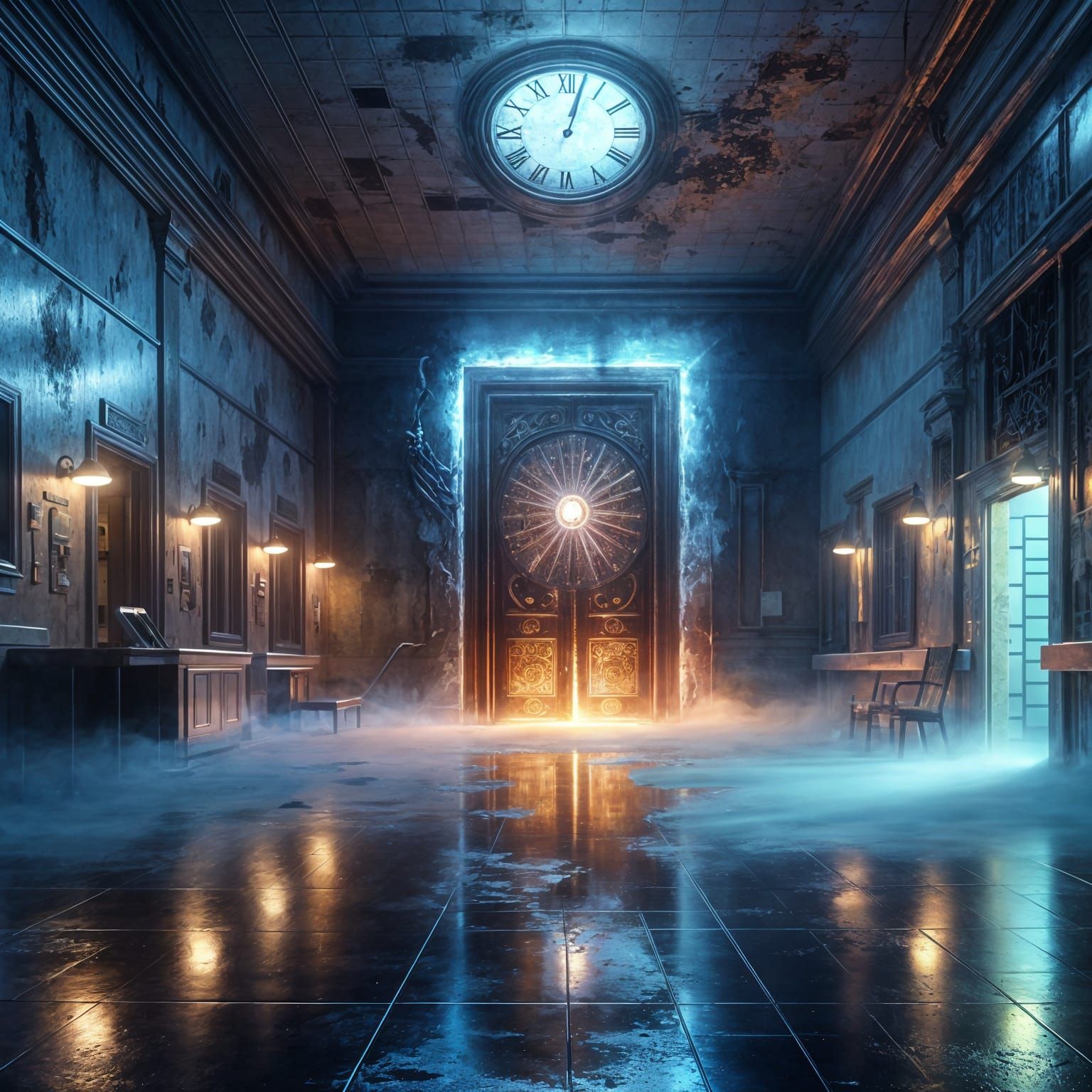 Haunted Hospital Corridor with Time Door at 3:03 AM