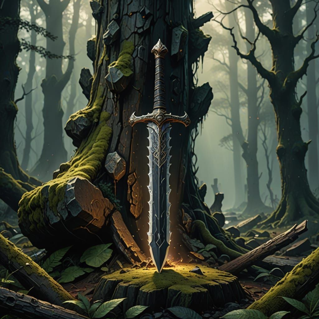 Epic Dark Fantasy Sword Stuck in Ancient Anvil