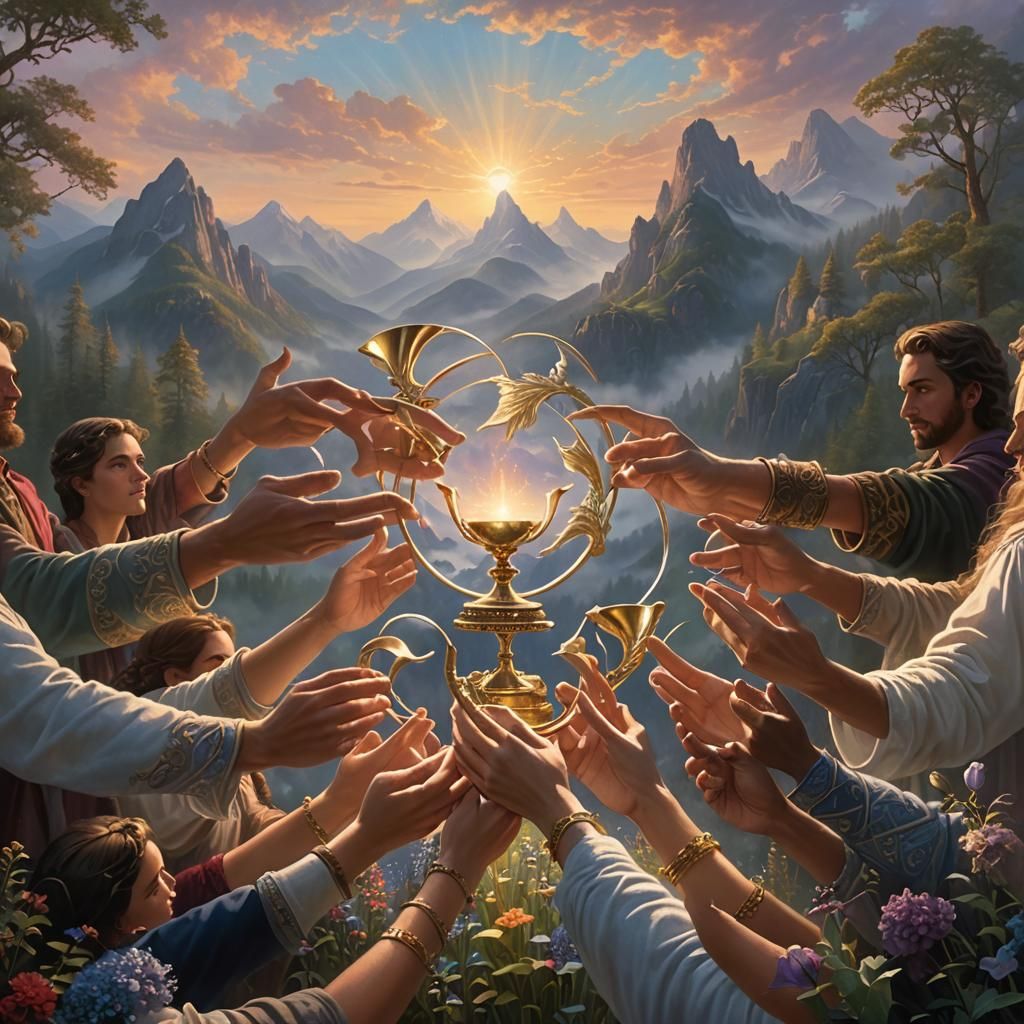Ethereal Fantasy: Hands Holding Trophies in Misty Valley