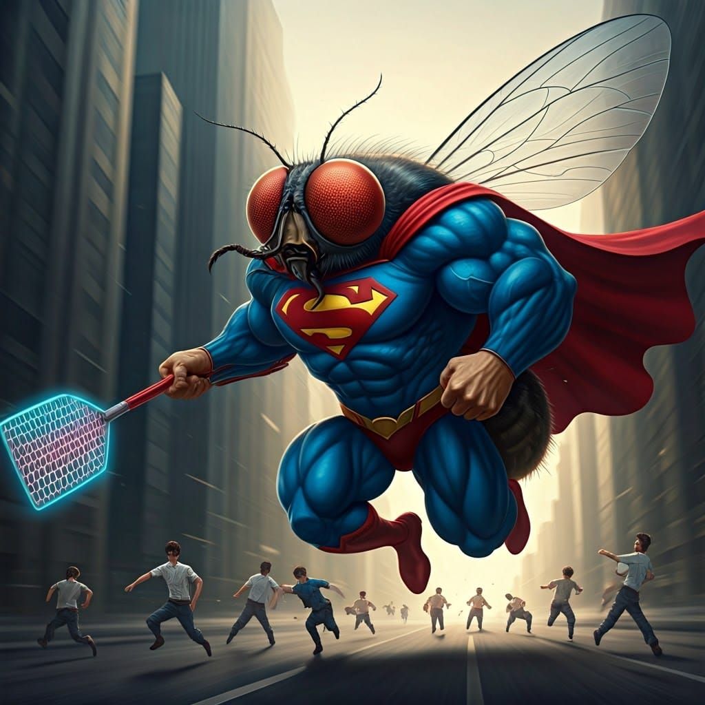 Muscular Fly Superhero Chasing Miniature People