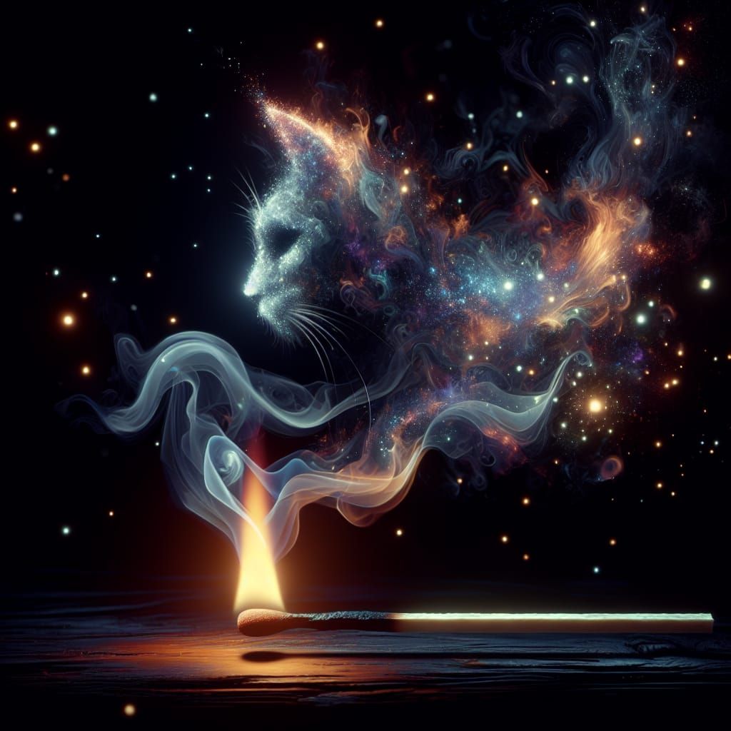 Matchstick Smoke Creates Cat Head in Fantasy Art