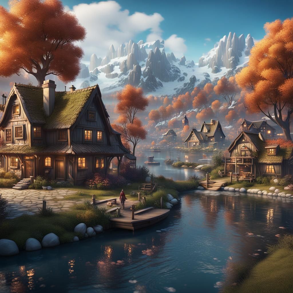 Charming Township Scene in Detailed Matte Painting