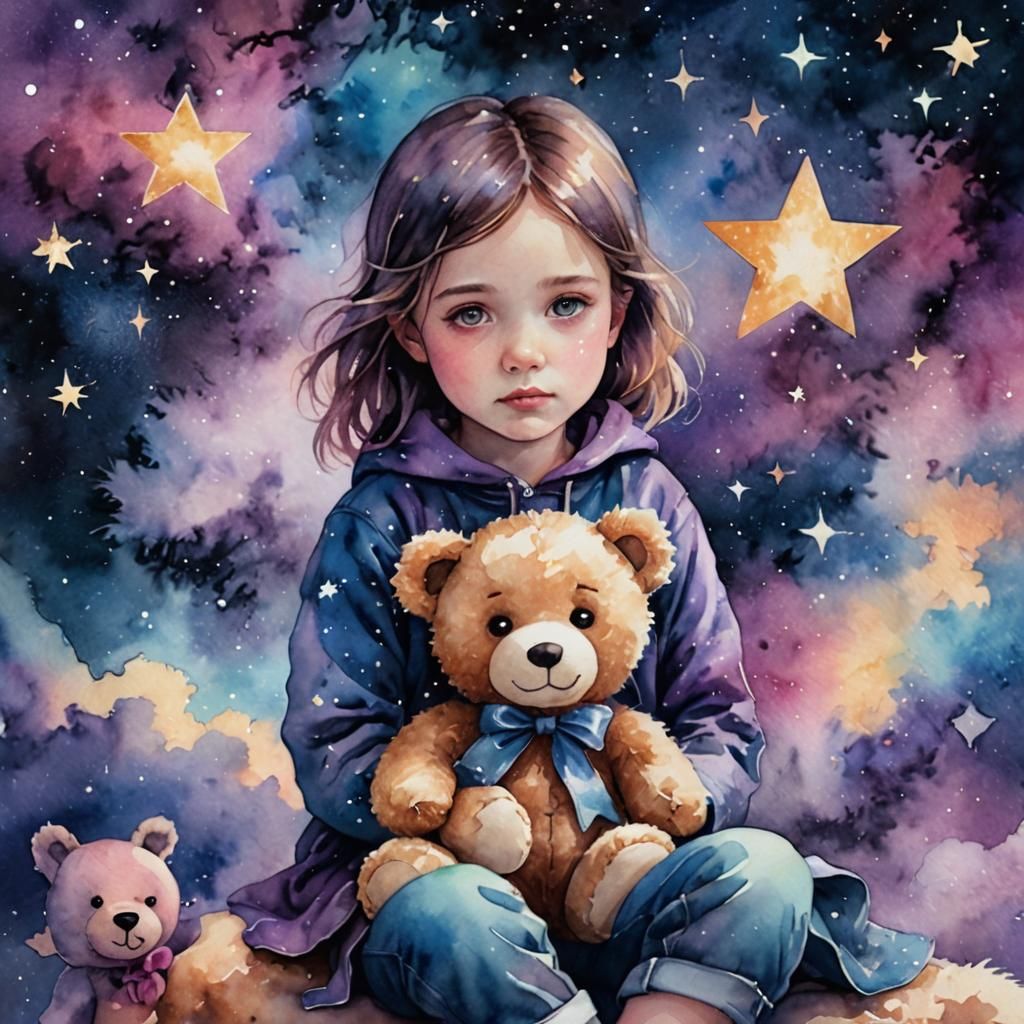 Surreal Little Girl in Space Watercolor