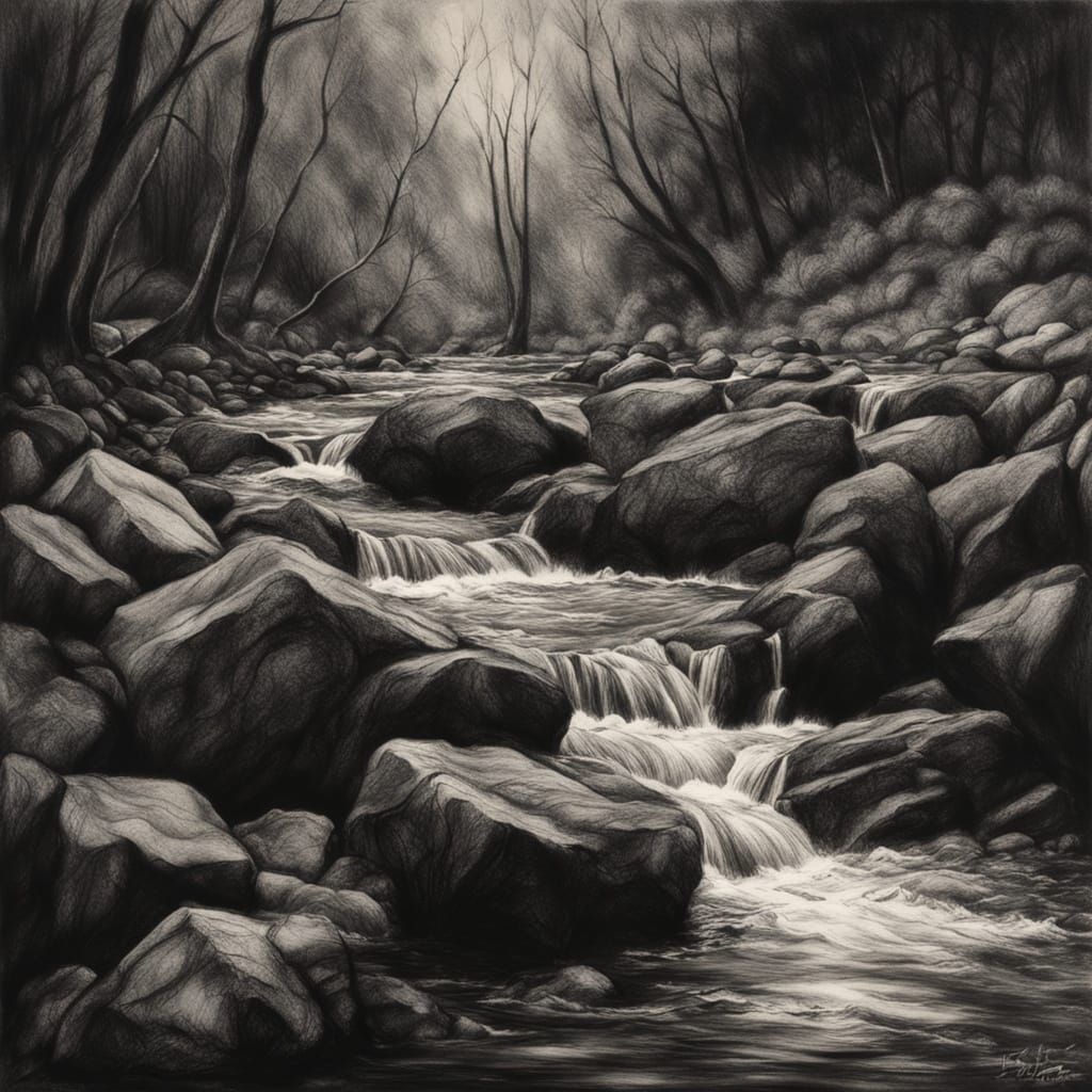 Charcoal Drawing of Water Choked by Rocks