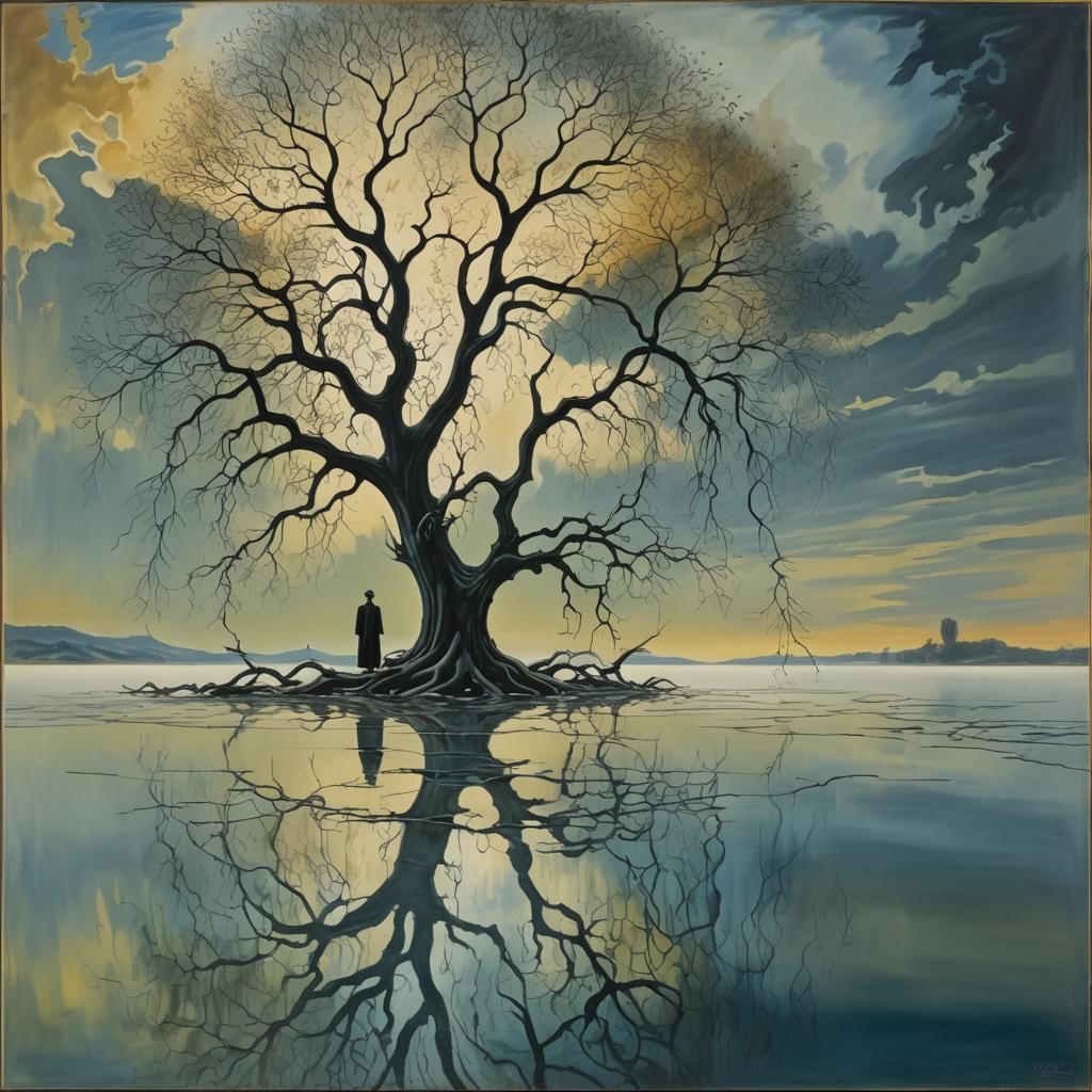 Surreal Figure by Twisted Trees in Dreamlike Landscape