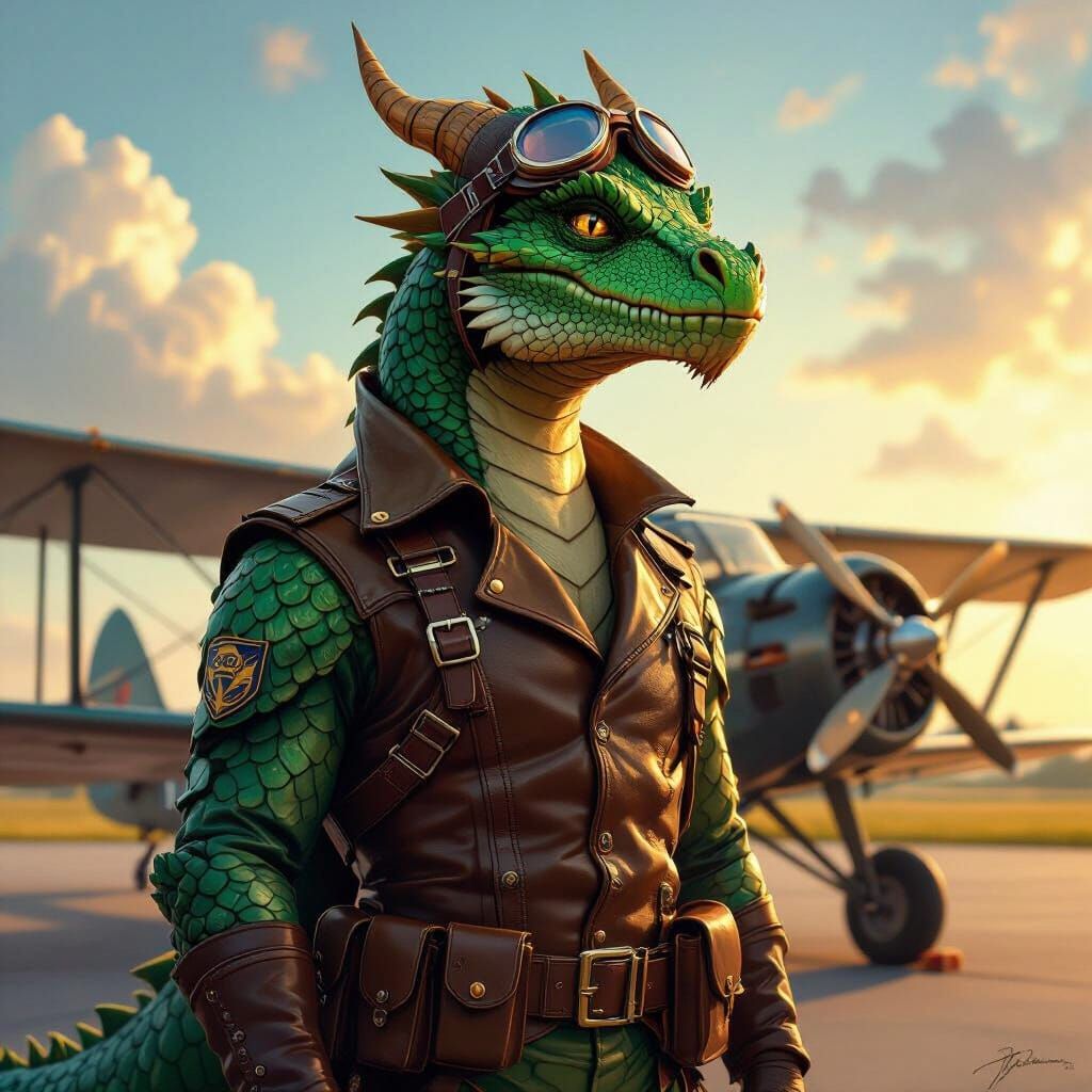 Emerald Dragon Aviator Stands by Biplane at Golden Hour