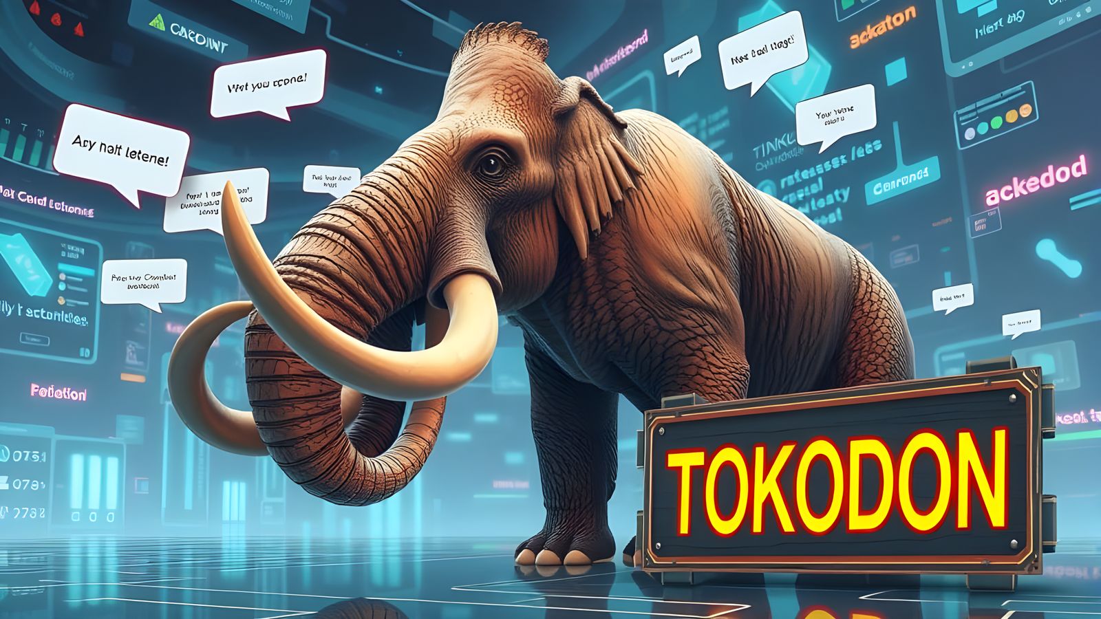 Realistic Mastodon in Futuristic Digital Realm