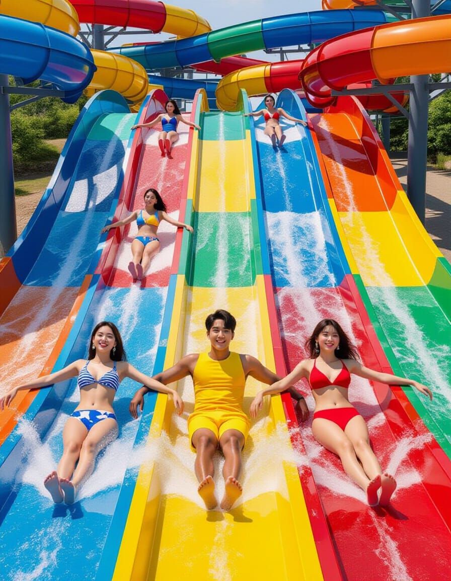 K-Pop Idols on Rainbow Waterpark Racing Slide