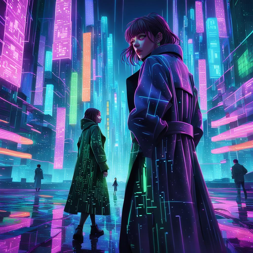 Neon Matrix Cityscape in Anime Style