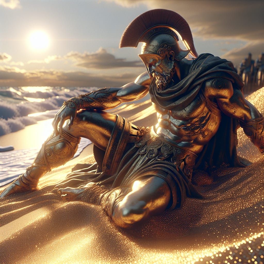 Achilles Resting on Golden Sands in Matte Painting Style