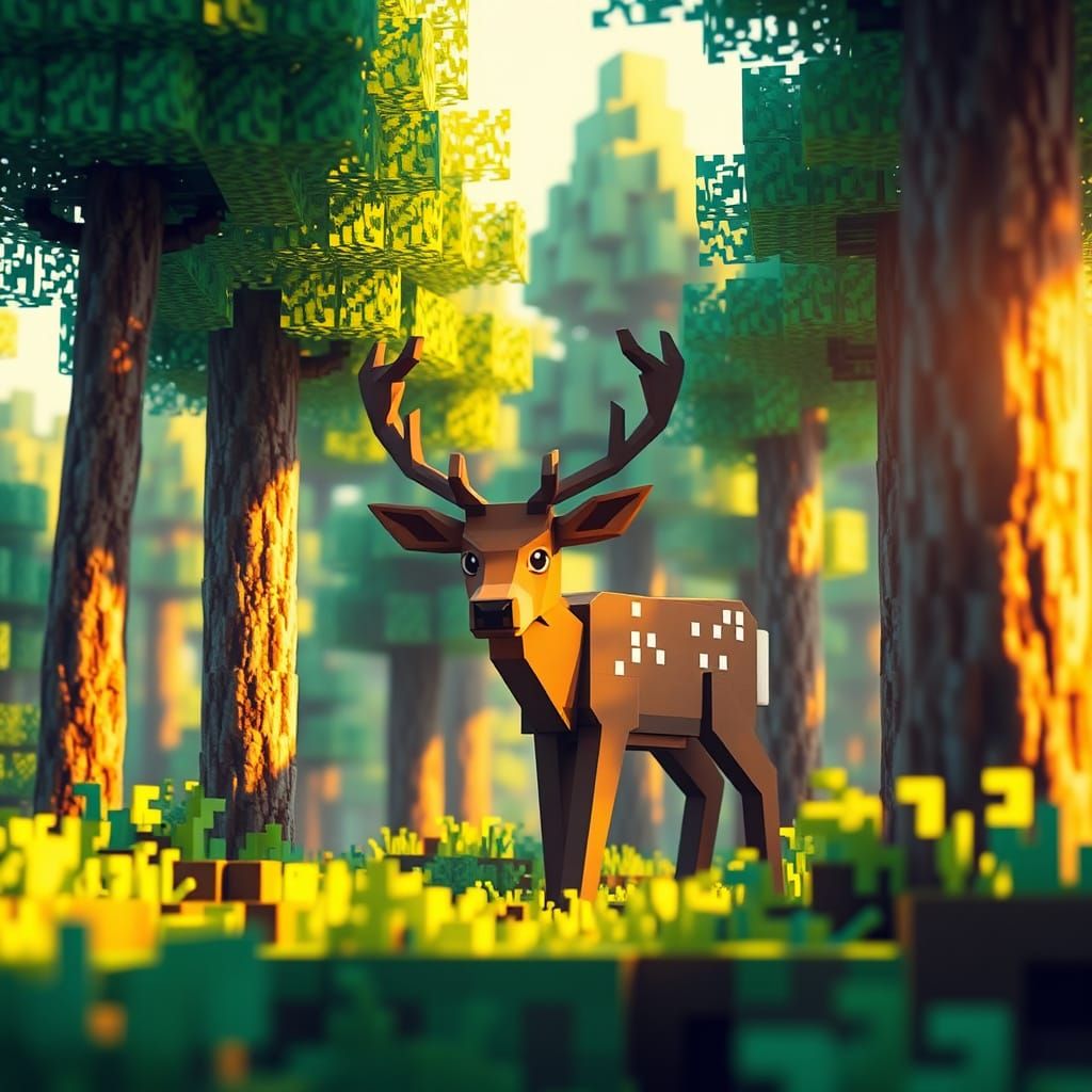 Serene Minecraft Landscape with Majestic Deer