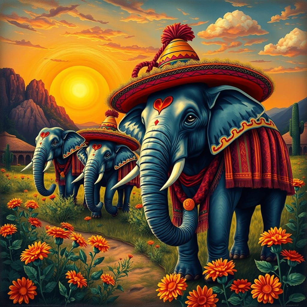 Elephants in Sombreros, Mexican Folk Art Style