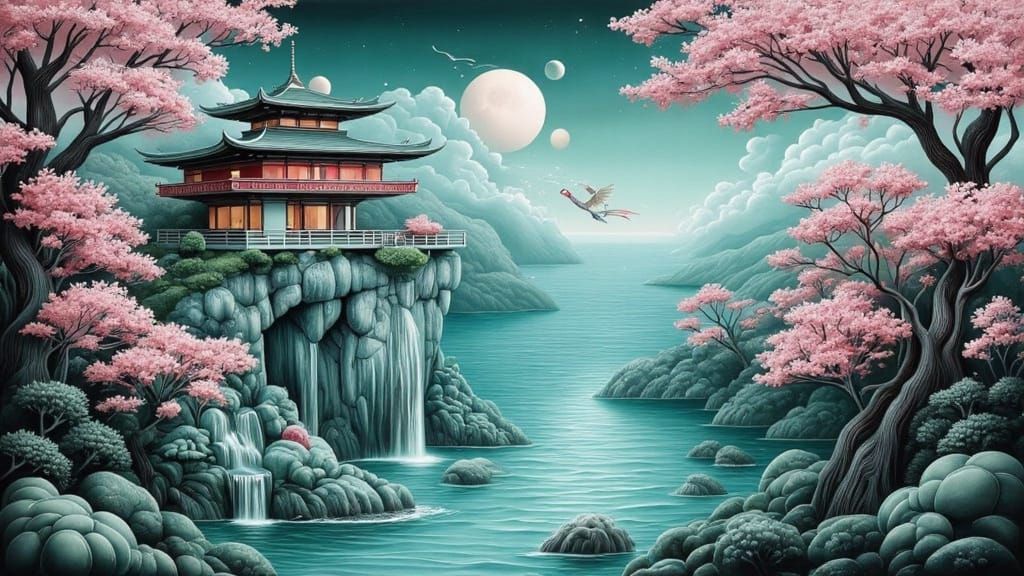 Origami Landscape with Dragon, Temple, and Cosmic Sky