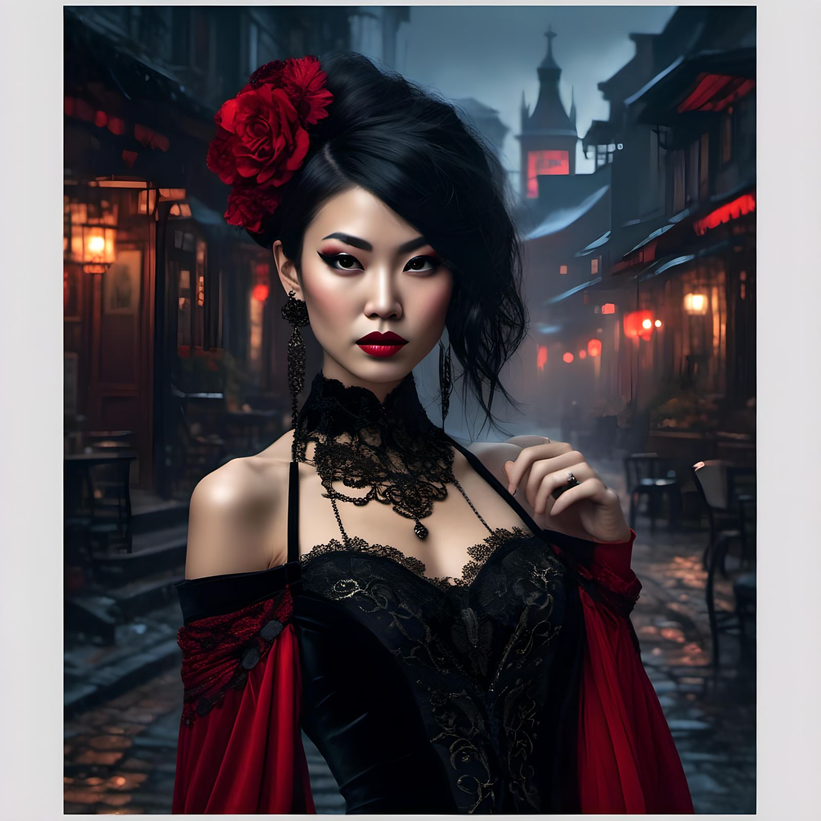 Elegant Woman in Black Velvet Dress and Jewelry