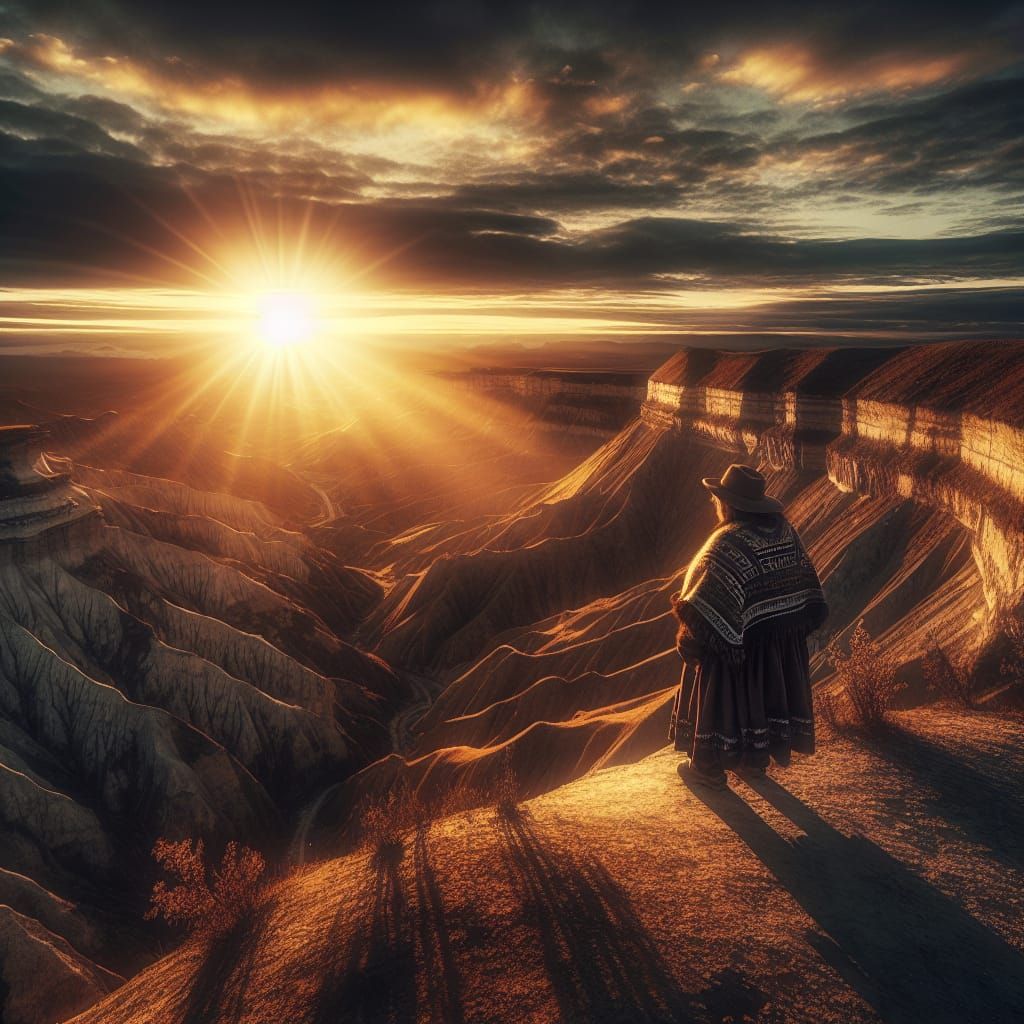 Indigenous Woman on Mesa at Dawn in HDR